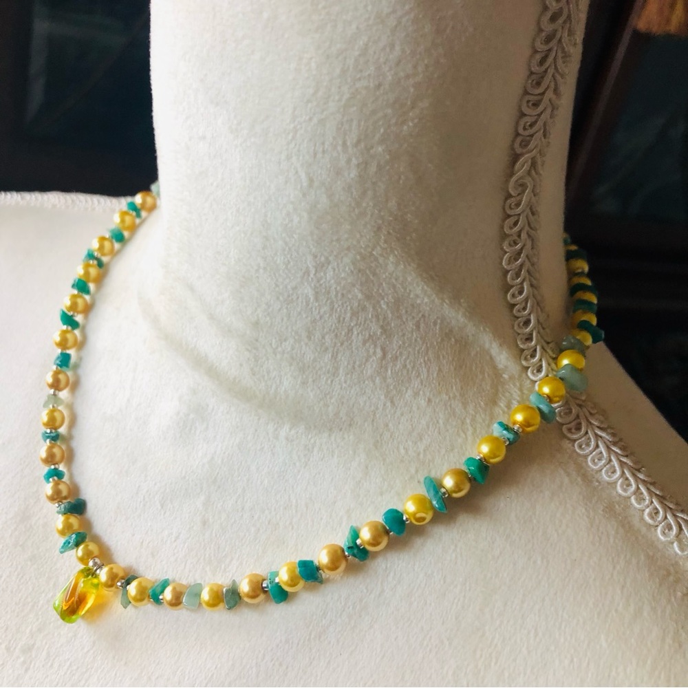 Handcrafted lynx stone pendant Czech glass pearl aventurine necklace - Picture 3 of 11